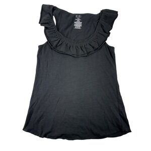 BCBG Paris Sleeveless Tank Top Double Ruffle Neck Black Cotton Medium